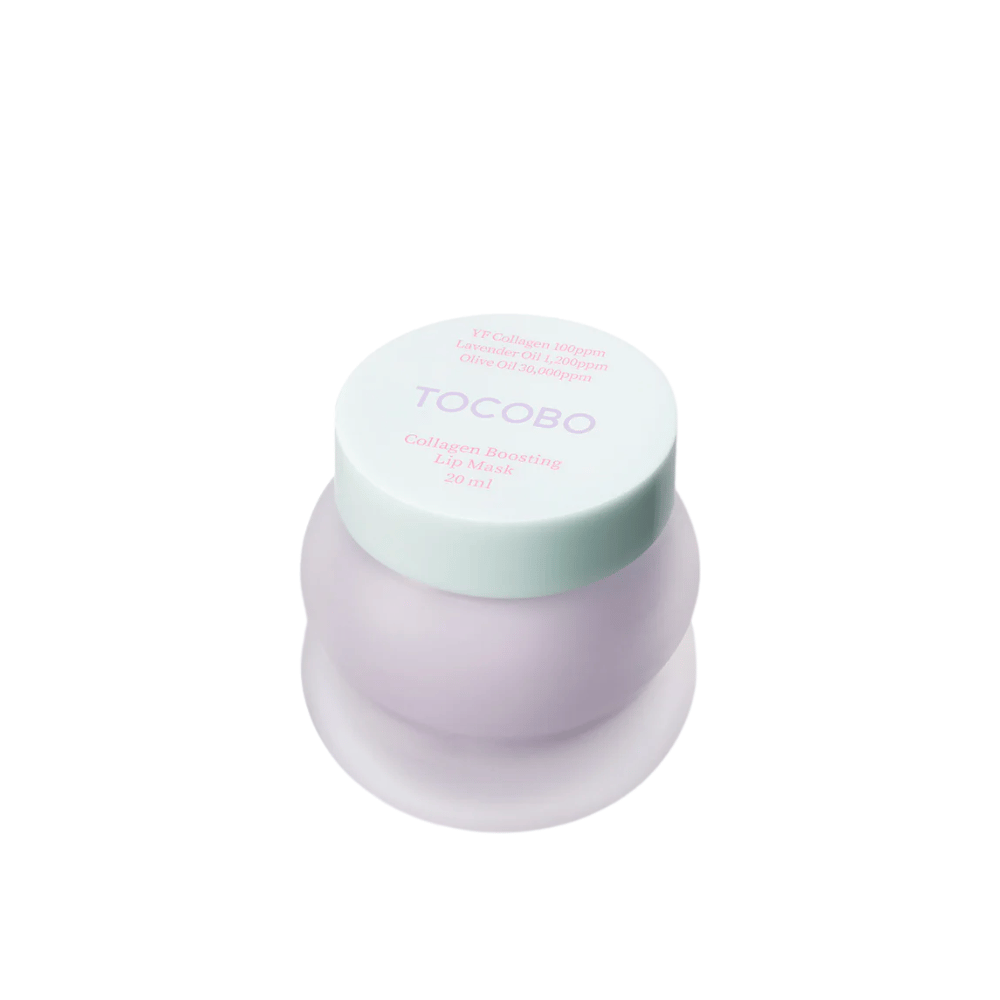 Nahaufnahme eines geschlossenen Glases TOCOBO Collagen Boosting Lip Mask mit mintgrünem Deckel vor weißem Hintergrund.