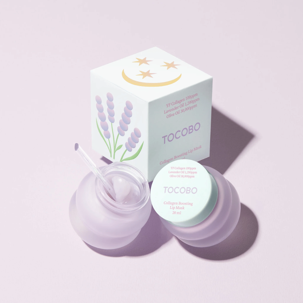 TOCOBO Collagen Boosting Lip Mask mit einer Verpackung dekoriert mit Lavendel und Mondsymbolen.