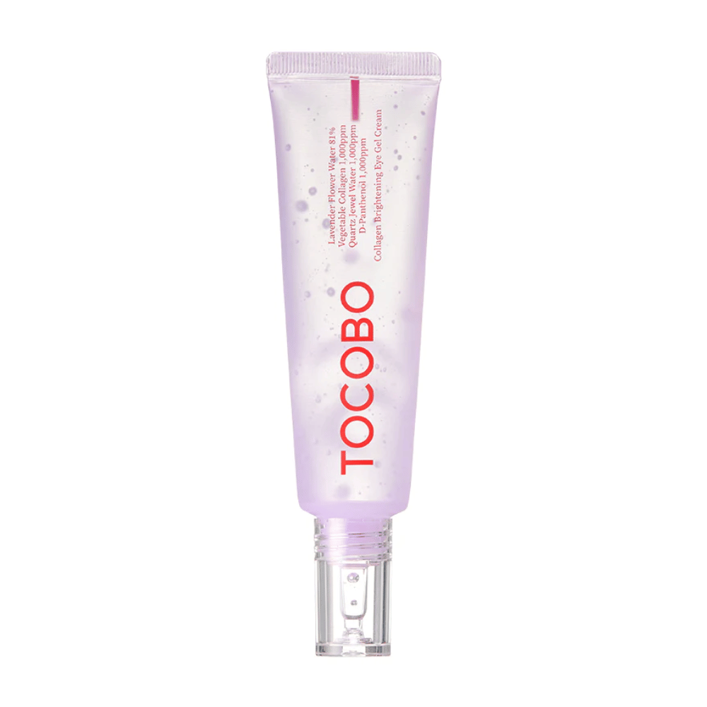 Das Produkt auf dem Bild ist "Collagen Brightening Eye Gel Cream" von TOCOBO. Es ist ein Augengel in einer lila Tube mit weißen Punkten, das entwickelt wurde, um die Haut um die Augen aufzuhellen und das Aussehen zu verbessern.