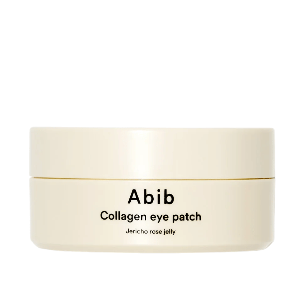 Verpackung von Abib Collagen Eye Patch Jericho Rose Jelly – ein beiger Behälter mit schwarzem Text, entworfen zur Pflege des Bereichs unter den Augen mit Kollagen und feuchtigkeitsspendenden Inhaltsstoffen.
