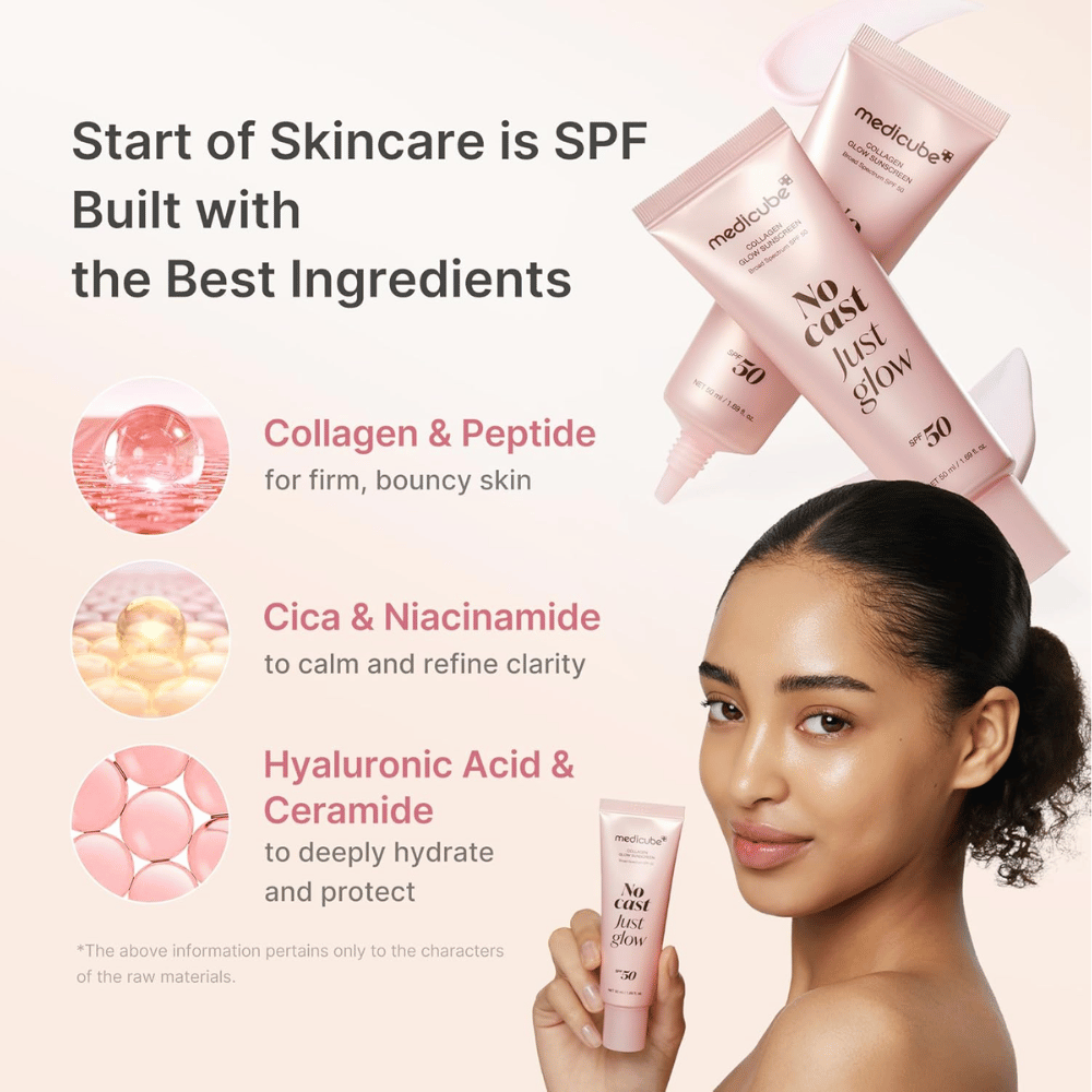 Medicube Collagen Glow Sunscreen SPF 50 mit Kollagen, Peptiden, Niacinamid und Hyaluronsäure. Ein Model hält die rosa Sonnenschutztube hoch.