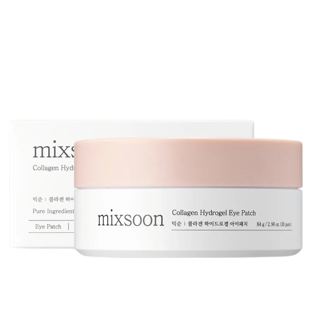 Bild von Mixsoon Collagen Hydrogel Eye Patch, die ein Glas mit rosa Deckel und weißem Boden zeigt. Das Glas enthält 84 g (30 Paare) Augenpflaster. Die Verpackung ist elegant und vermittelt ein Gefühl von luxuriöser Hautpflege. Das Produkt ist darauf ausgelegt, Feuchtigkeit und Nährstoffe für die Haut unter den Augen zu bieten.