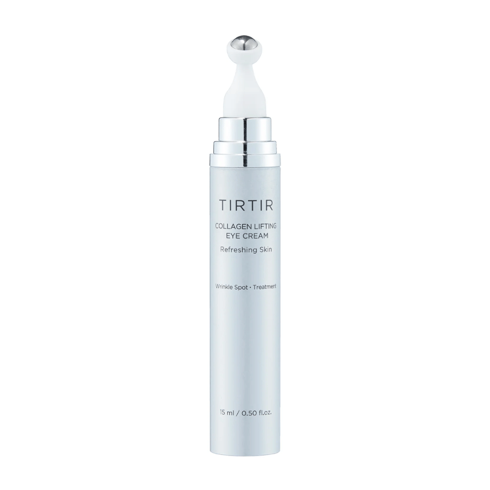 Tube mit TIRTIR Collagen Lifting Eye Cream vor einem sauberen Hintergrund, entworfen für erfrischende Hautpflege.