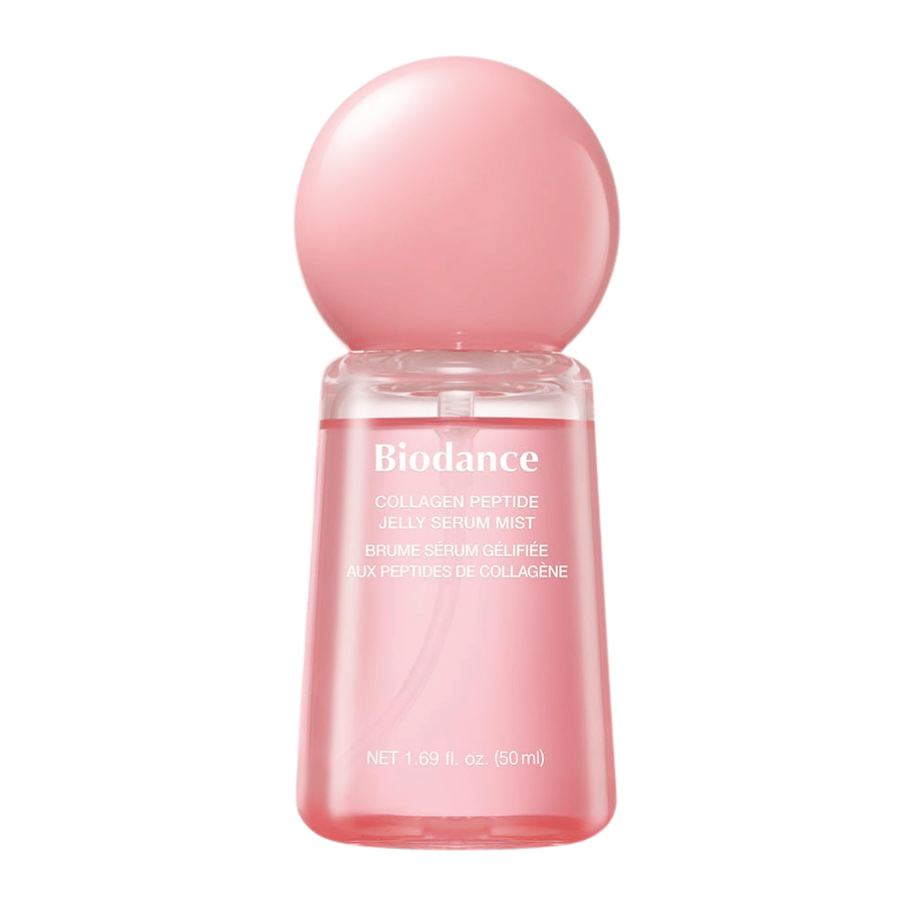 Biodance Collagen Peptide Jelly Serum Mist 50 ml – rosa Gesichtsmist und Serum mit Kollagen und Peptiden für Feuchtigkeit und Ausstrahlung.
