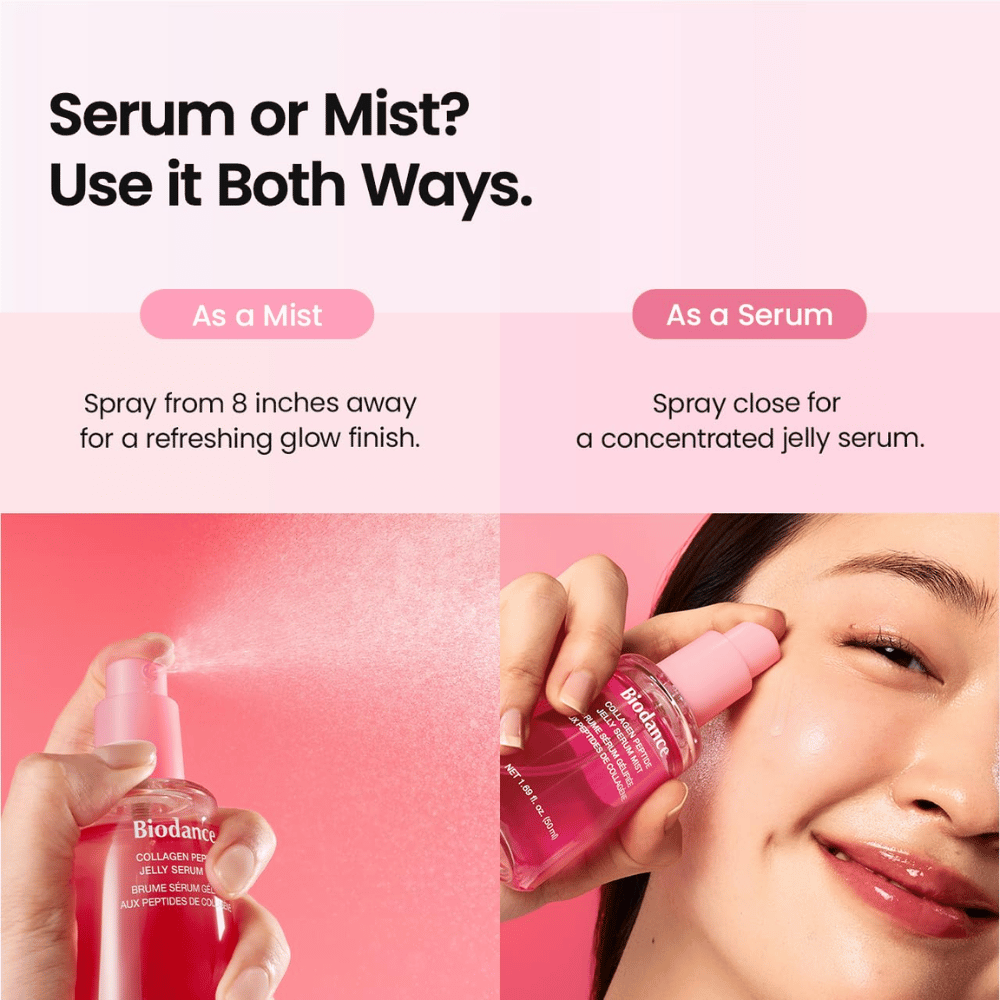 Biodance Collagen Peptide Jelly Serum Mist kann sowohl als Gesichtsmist als auch als Serum für Feuchtigkeit und ein frisches, strahlendes Finish verwendet werden.