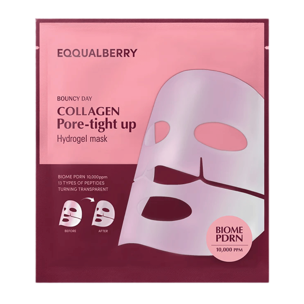 Die Verpackung für Collagen Pore-tight Up Hydrogel Mask, eine Gesichtsmaske mit Biome PDRN und 13 Arten von Peptiden, ist in einer rosa Verpackung mit Vorher- und Nachher-Bildern der Effekte der Maske zu sehen.