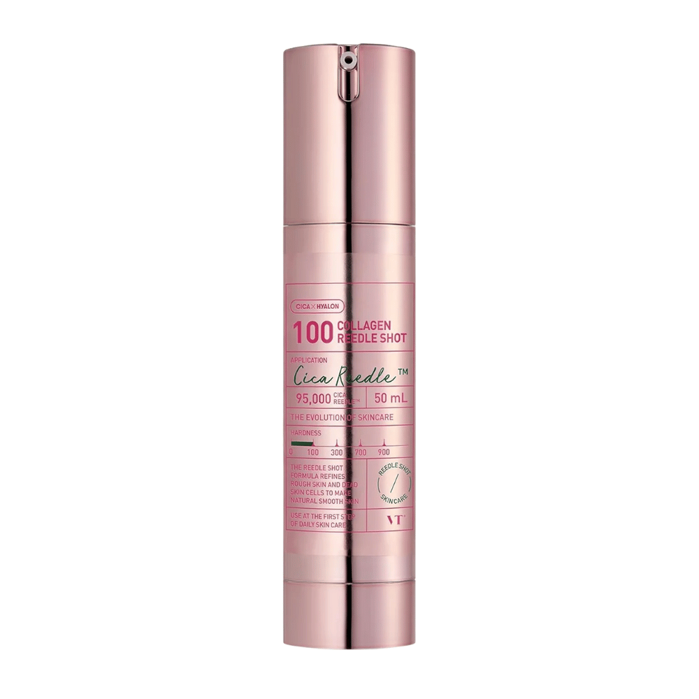 Produktbild auf VT Collagen Reedle Shot 100 – 50 ml. Verbessert die Elastizität und Geschmeidigkeit der Haut mit Kollagen-Mikronadeln.