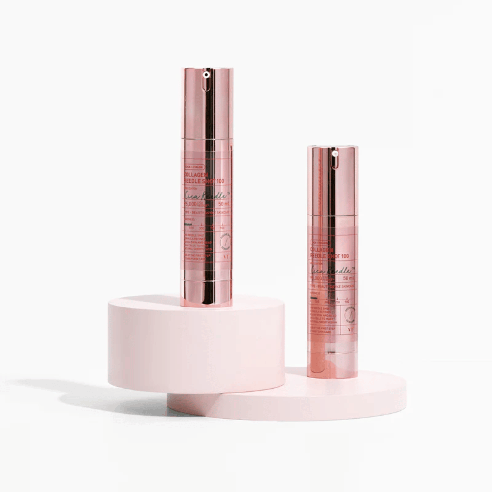Zwei Flaschen VT Collagen Reedle Shot 100 im rosa Design. Straffendes Serum mit Cica und Kollagen.
