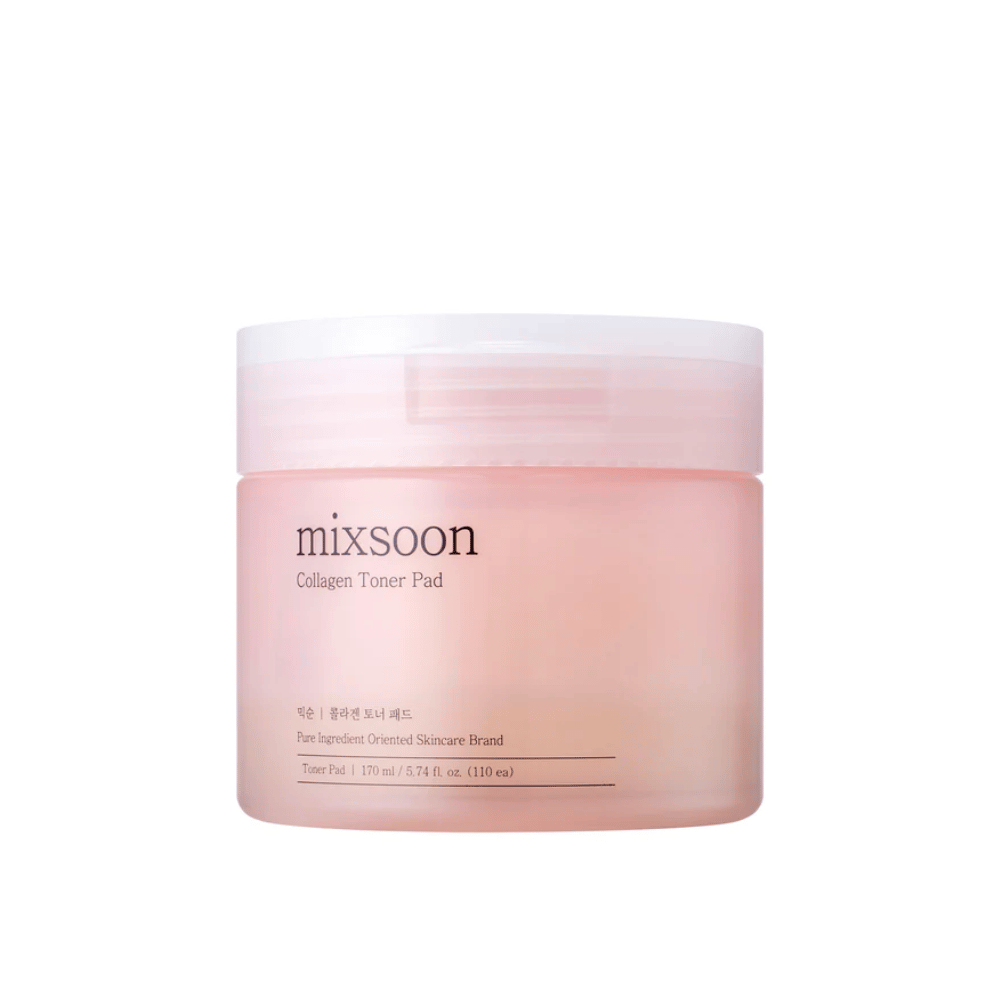 Mixsoon Collagen Toner Pad in einem eleganten, rosa Behälter mit 110 Pads – feuchtigkeitsspendender Toner für die tägliche Hautpflege.