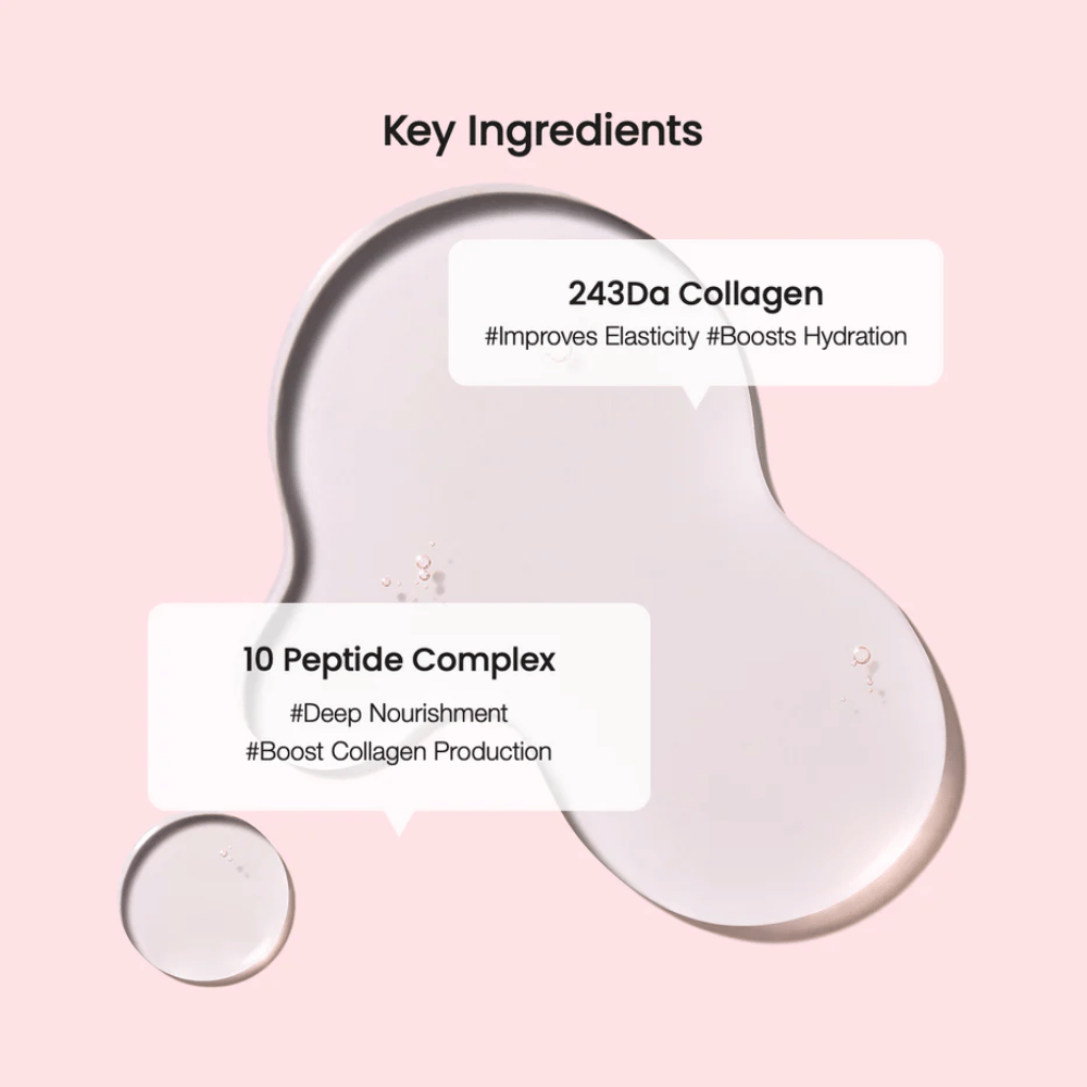 Nahaufnahme von Schlüsselzutaten in einem Hautpflegeprodukt, mit durchsichtigen Tropfen auf rosa Hintergrund. Der Text zeigt 243Da Collagen und 10 Peptide Complex mit Vorteilen wie erhöhter Elastizität und tiefer Nährung.