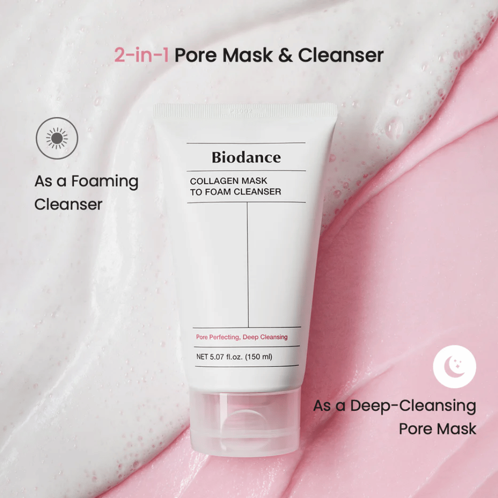 Bild auf Biodance Collagen Mask to Foam Cleanser platziert auf rosa und weißer Reinigungstextur. Das Produkt wird als 2-in-1 porenreinigende Maske und schäumende Reinigung beschrieben.