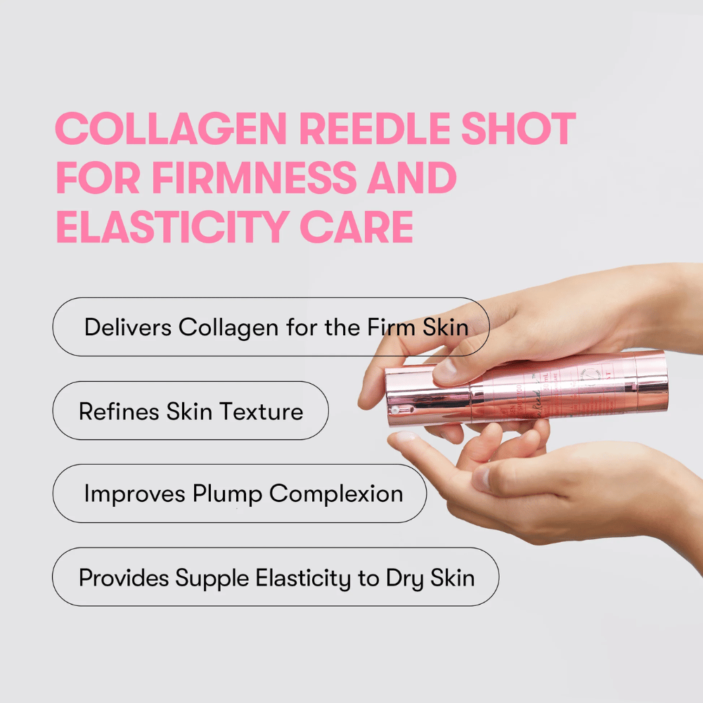 Person hält VT Collagen Reedle Shot 100. Das Serum stärkt die Festigkeit der Haut, verbessert die Textur und bietet volle Elastizität.