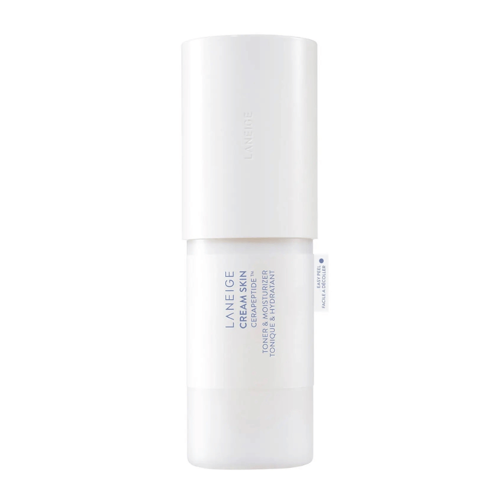 Laneige Cream Skin Cerapeptide Refiner in einer weißen Flasche mit Pumpe. Das Produkt kombiniert Toner und Feuchtigkeitscreme, entwickelt, um die Haut zu befeuchten und zu straffen.