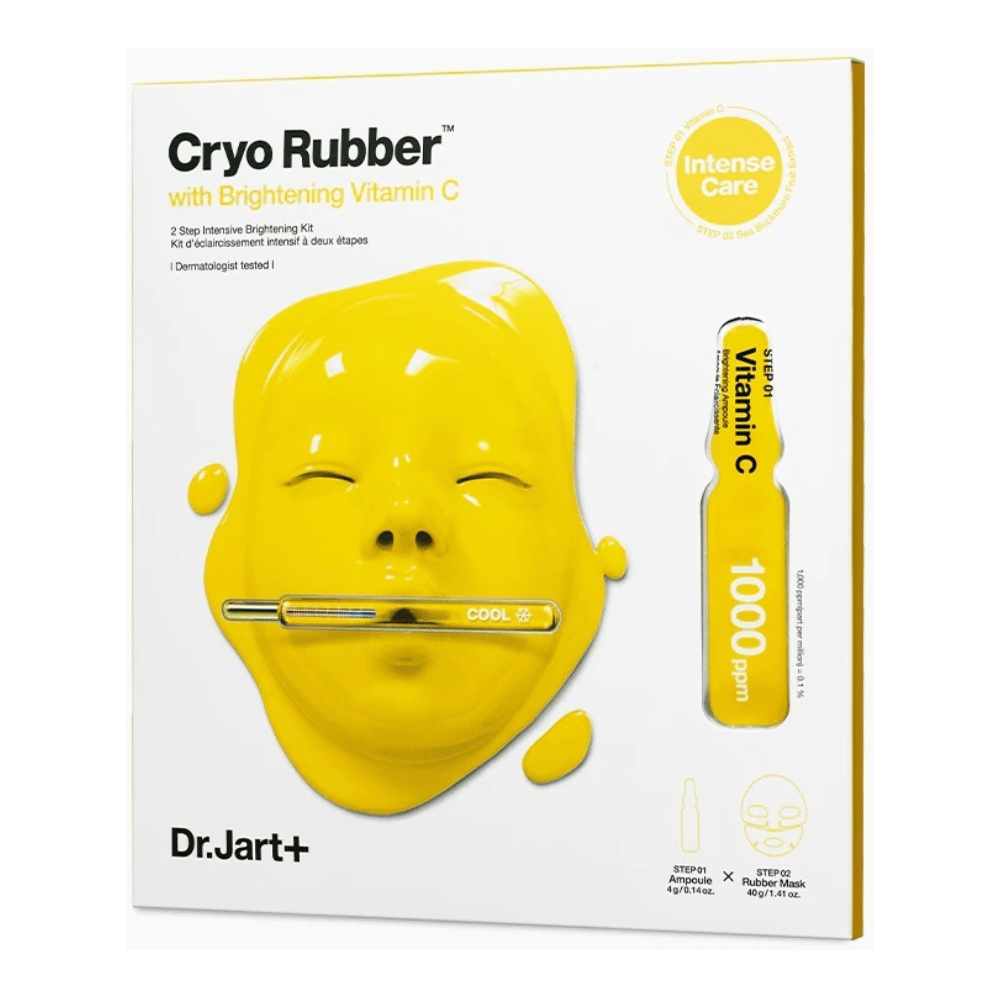 Dr.Jart+ Schönheitsprodukt mit dem Namen 'Cryo Rubber™ mit aufhellendem Vitamin C'. Die Verpackung zeigt eine gelbe Gesichtsmaske, die mit Flüssigkeit tropft. Es wird erwähnt, dass es sich um ein '2-stufiges intensives Aufhellungs-KIT' handelt und dass es 'dermatologisch getestet' ist. Eine Illustration von 'Vitamin C 1000ppm' befindet sich rechts.