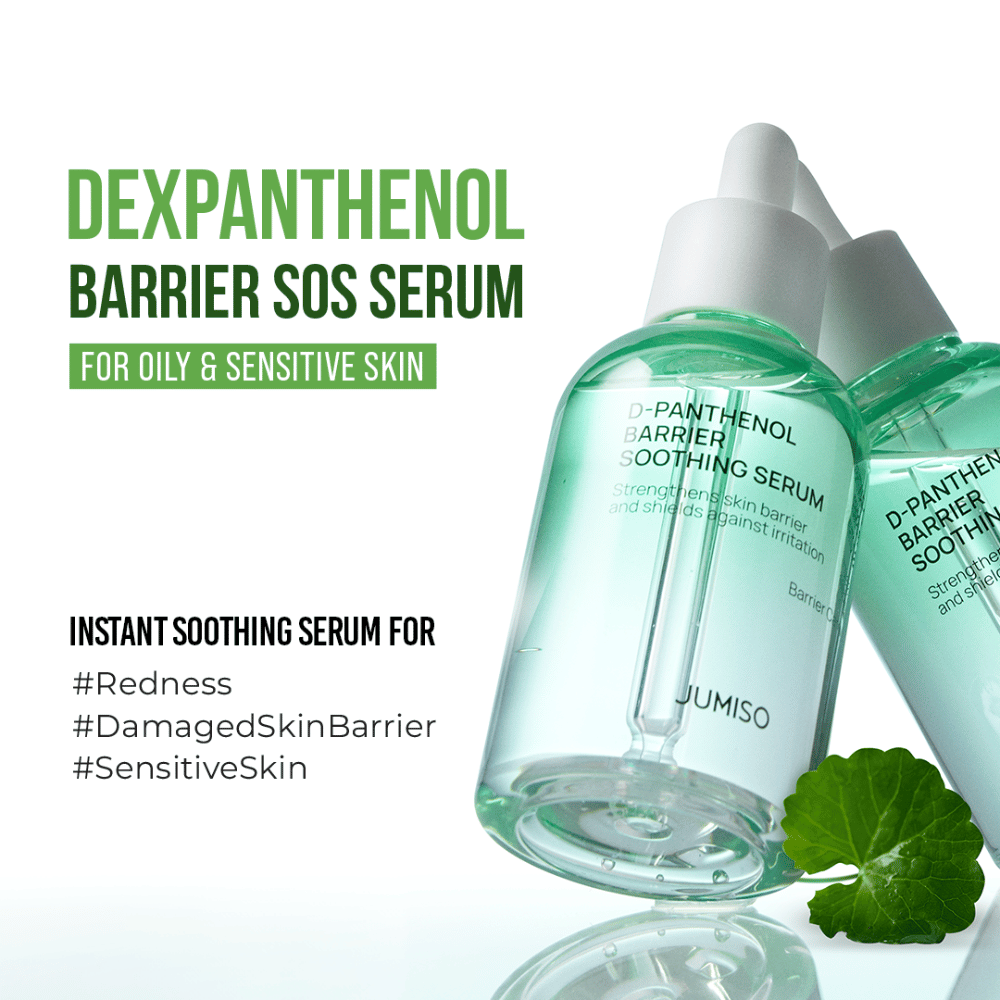 Produktbild von Jumiso D-Panthenol Barrier Soothing Serum mit Text über SOS-Effekt für empfindliche Haut, Rötungen und beschädigte Hautbarriere.