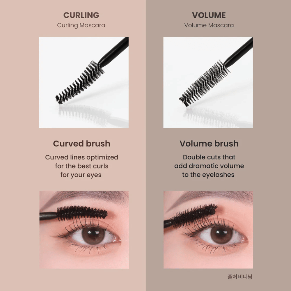 Vergleich zwischen Heimish Dailism Smudge Stop Mascara Curling und Volumen, der den Unterschied zwischen gebogenen Wimpern und intensiver Fülle zeigt.