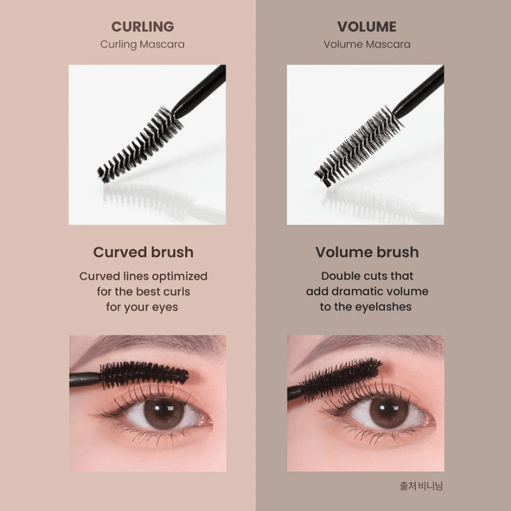 Vergleich zwischen Heimish Dailism Smudge Stop Mascara Curling und Volumen, der den Unterschied zwischen gebogenen Wimpern und intensiver Fülle zeigt.