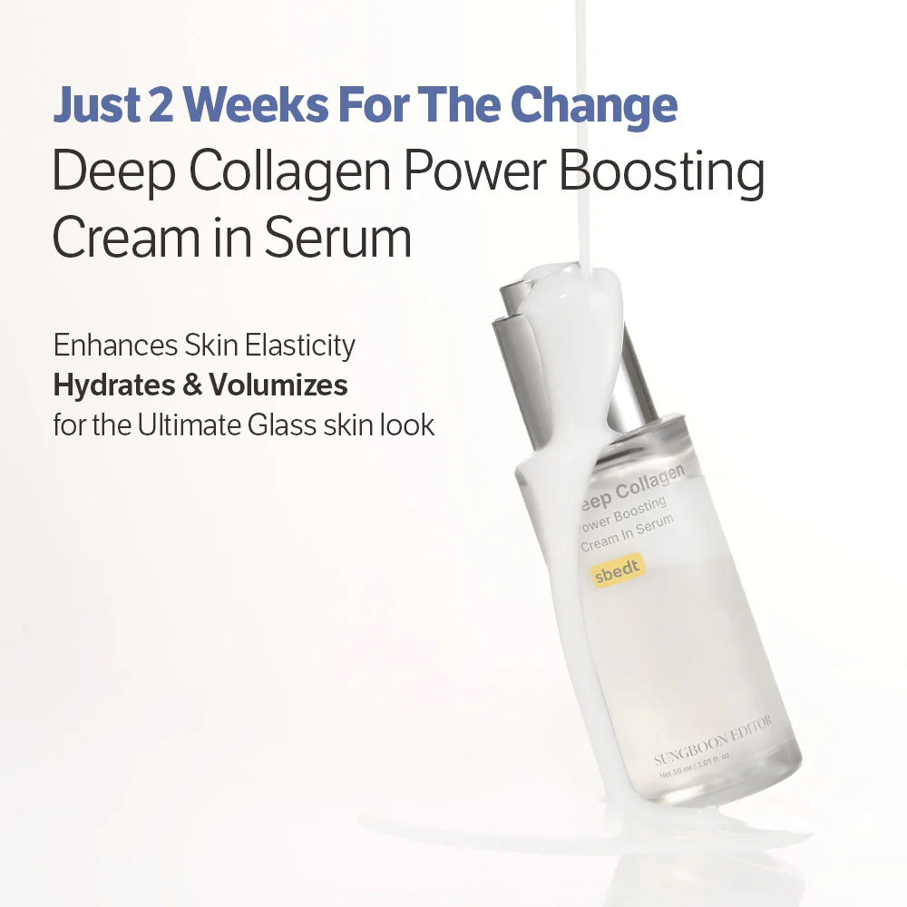 Sungboon Editor Deep Collagen Power Boosting Cream in Serum bedeckt mit fließender Creme. Produkt, das Feuchtigkeit spendet, die Elastizität stärkt und glasige Haut verleiht.
