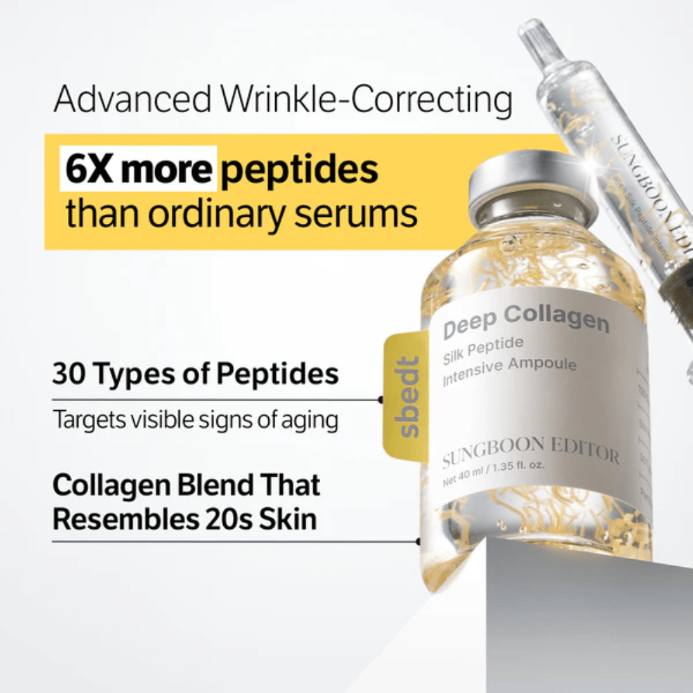SUNGBOON EDITOR Deep Collagen Silk Peptide Intensive Ampoule – Fortschrittliches Serum mit Kollagen und Peptiden, die helfen, die Hautfestigkeit zu verbessern und sichtbare Zeichen der Hautalterung zu reduzieren.