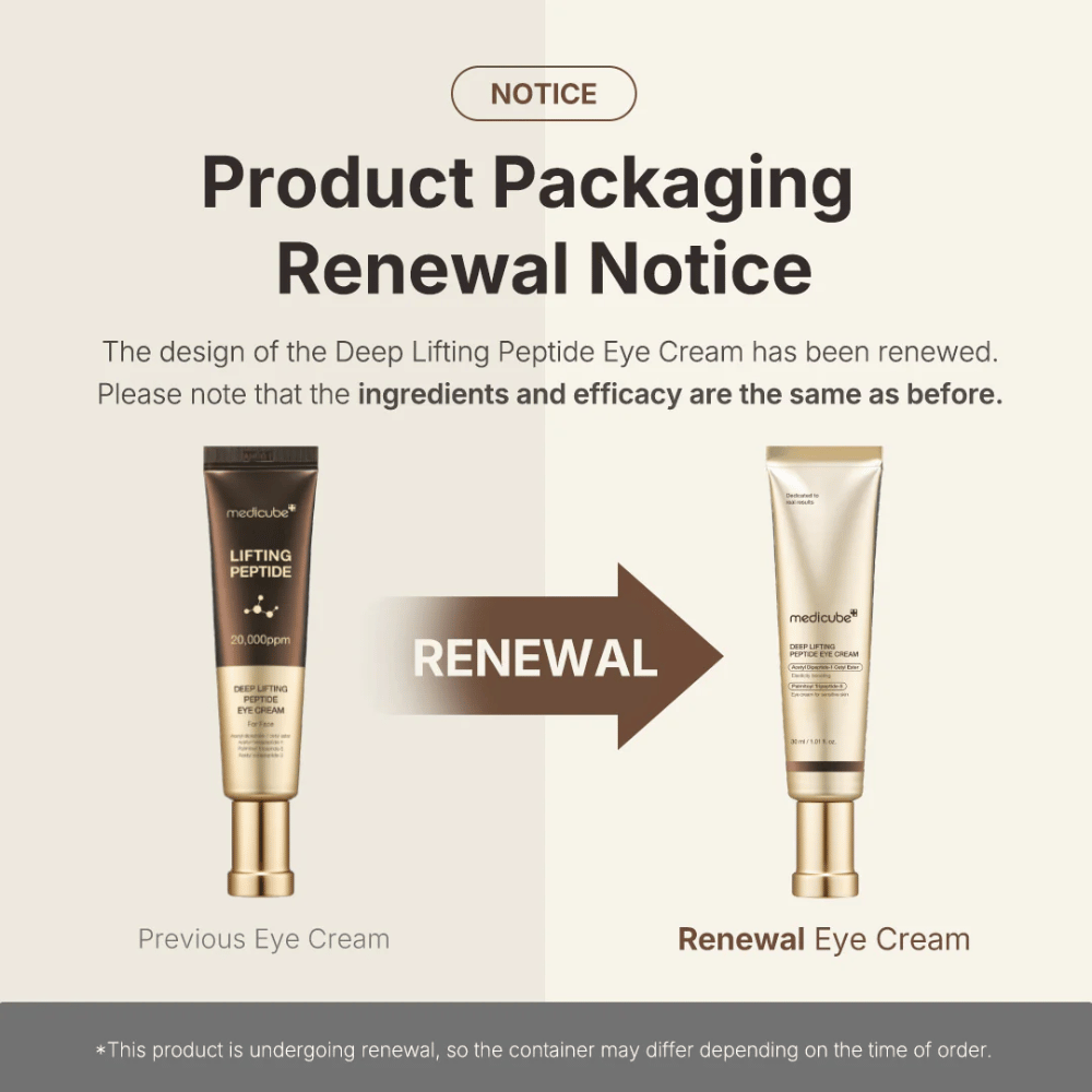 Medicube Deep Lifting Peptide Eye Cream – Neue Verpackung, dieselbe effektive Peptidformel, die die Haut um die Augen hebt und strafft.
