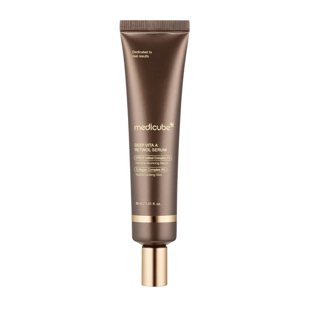 Medicube Deep Vita A Retinol Serum in brauner Tube mit Golddetails, ein Anti-Aging-Produkt, das Retinol und Kollagen für festere Haut kombiniert.