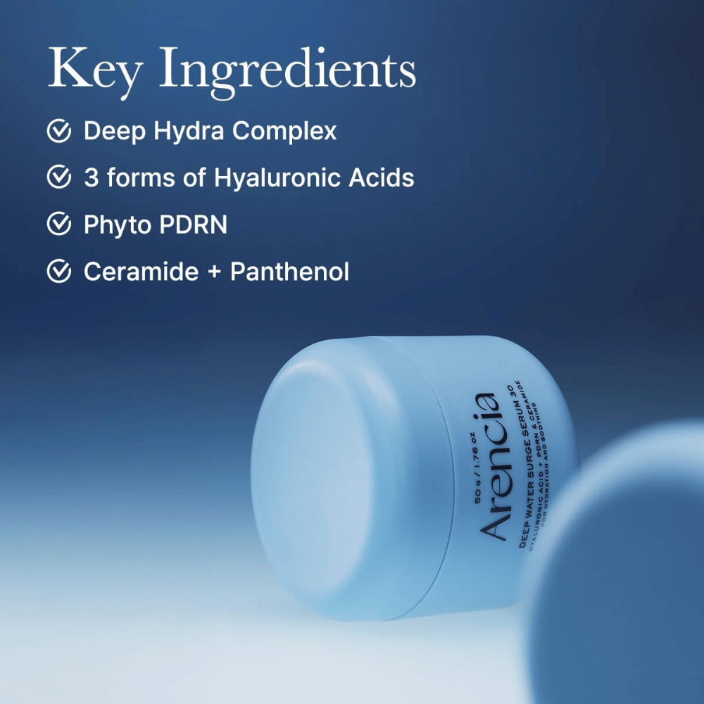 Arencia Deep Water Surge Serum 30 – Schlüsselinhaltsstoffe mit Hyaluronsäure, Phyto PDRN, Ceramiden und Panthenol
