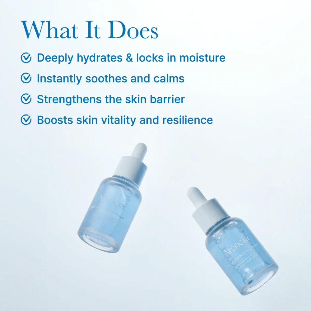 Zwei Flaschen Arencia Deep Water Surge Serum, die die leichte, wasserbasierte Textur des Serums für intensive Feuchtigkeit und ausgeglichene Haut hervorheben.