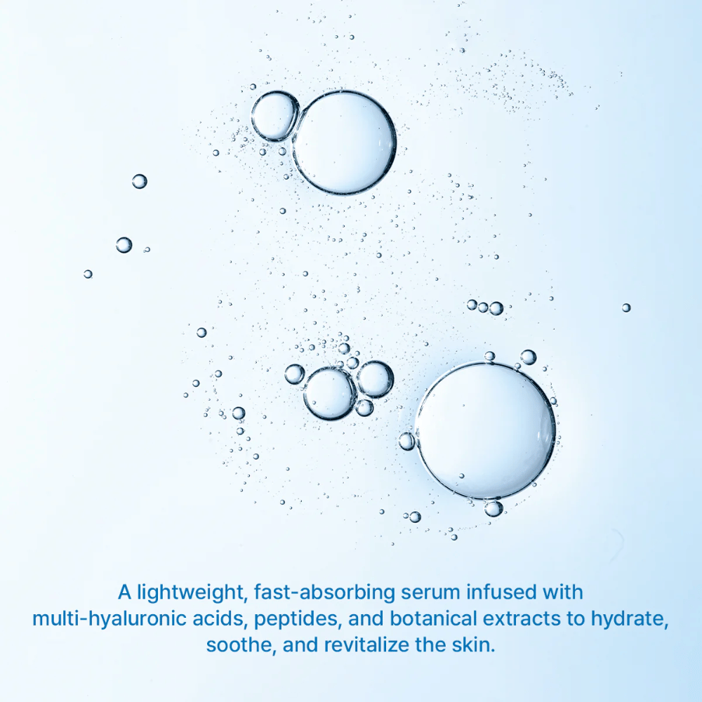Illustration von Wasserblasen, die intensive Feuchtigkeit von Arencia Deep Water Surge Serum mit Multi-Hyaluronsäure und einer schnell einziehenden Formel symbolisieren.