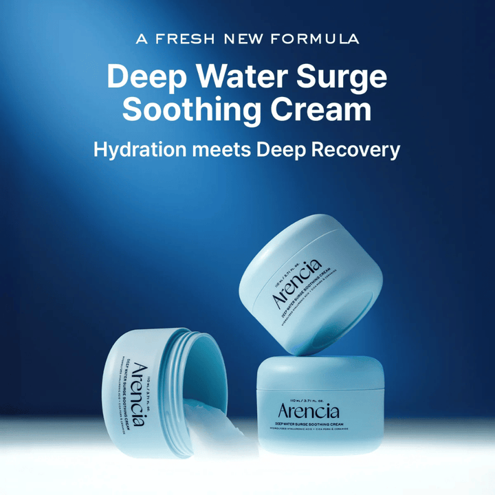 Arencia Deep Water Surge Soothing Cream – neue beruhigende und feuchtigkeitsspendende Gesichtscreme, die intensive Hydratation mit hautreparierender Pflege kombiniert.