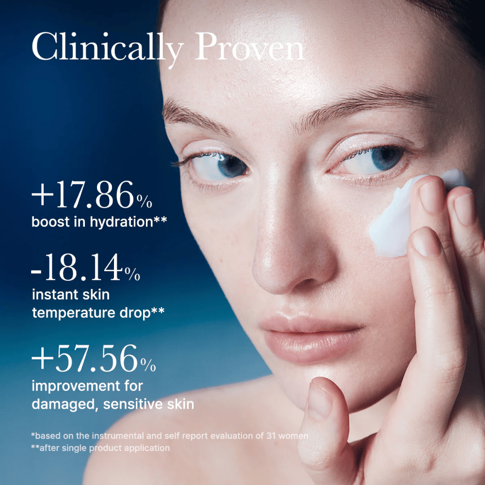 Klinisch getestete Arencia Deep Water Surge Soothing Cream, die die Hautfeuchtigkeit verbessert, die Hauttemperatur senkt und empfindliche Haut nach der Anwendung stärkt.