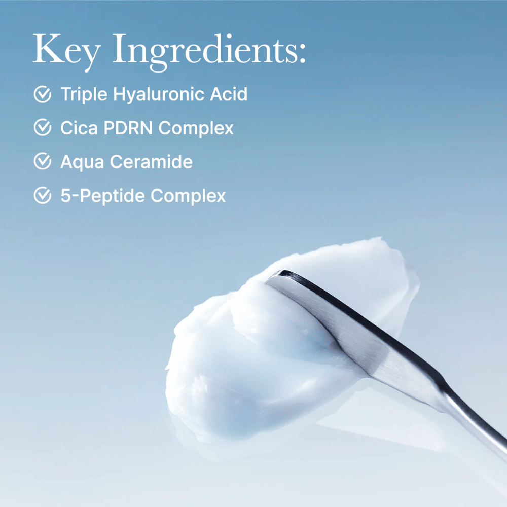 Schlüsselinhaltsstoffe in Arencia Deep Water Surge Soothing Cream mit dreifacher Hyaluronsäure, Cica PDRN, Aqua-Ceramid und 5-Peptid-Komplex für intensive Feuchtigkeit und Unterstützung der Hautbarriere.