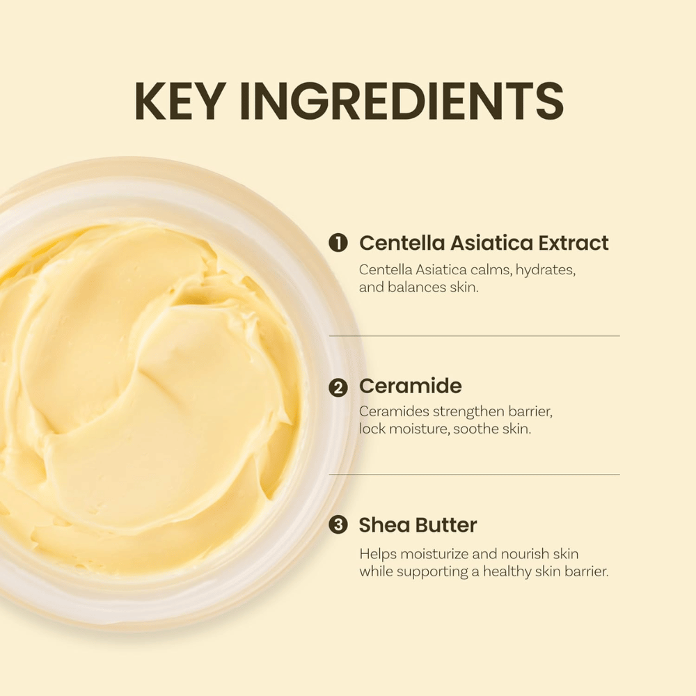 Schlüsselzutaten in Ongredients Deep Calming Cream: Centella Asiatica, Ceramide und Sheabutter, die die Haut befeuchten und ausgleichen.