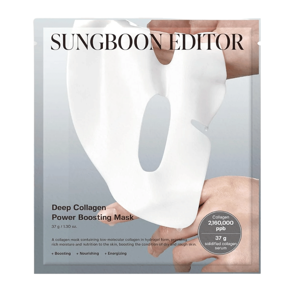 Sungboon Editor Deep Collagen Power Boosting Mask 37 g, ein Kollagen Sheet mask in Silberverpackung, das die Haut befeuchtet, stärkt und nährt.