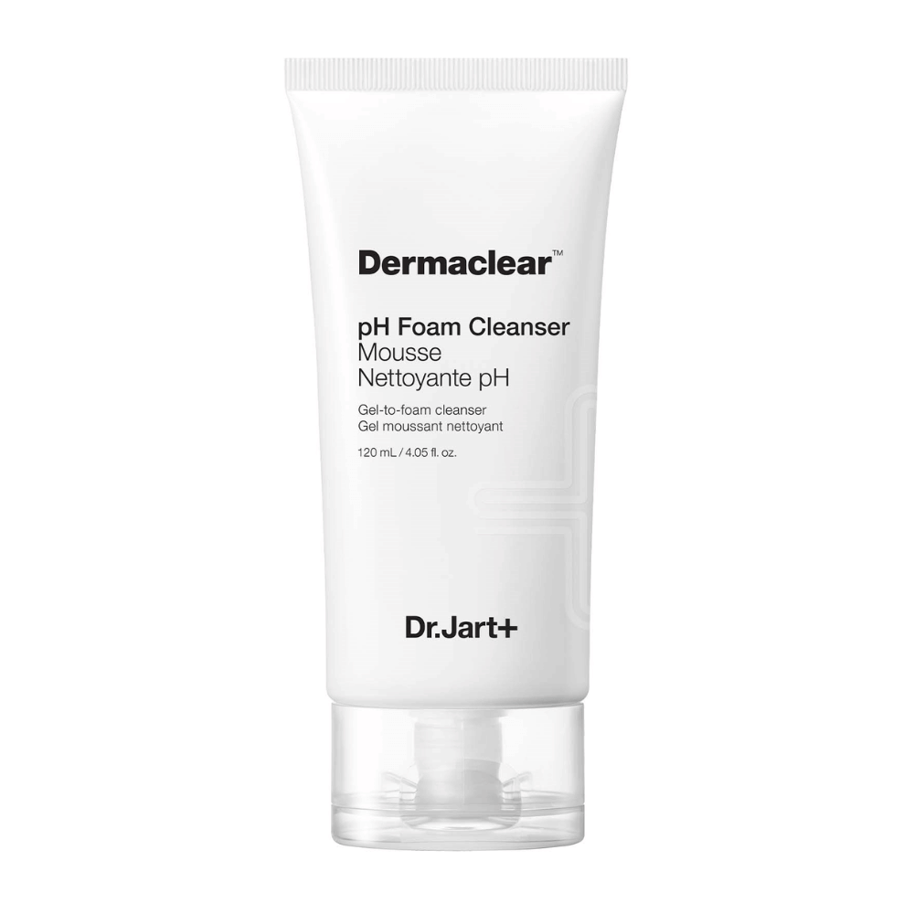 Weiße Tube von Dr.Jart+ Dermaclear pH Foam Cleanser mit schwarzem Text, aufrecht gegen weißen Hintergrund stehend.