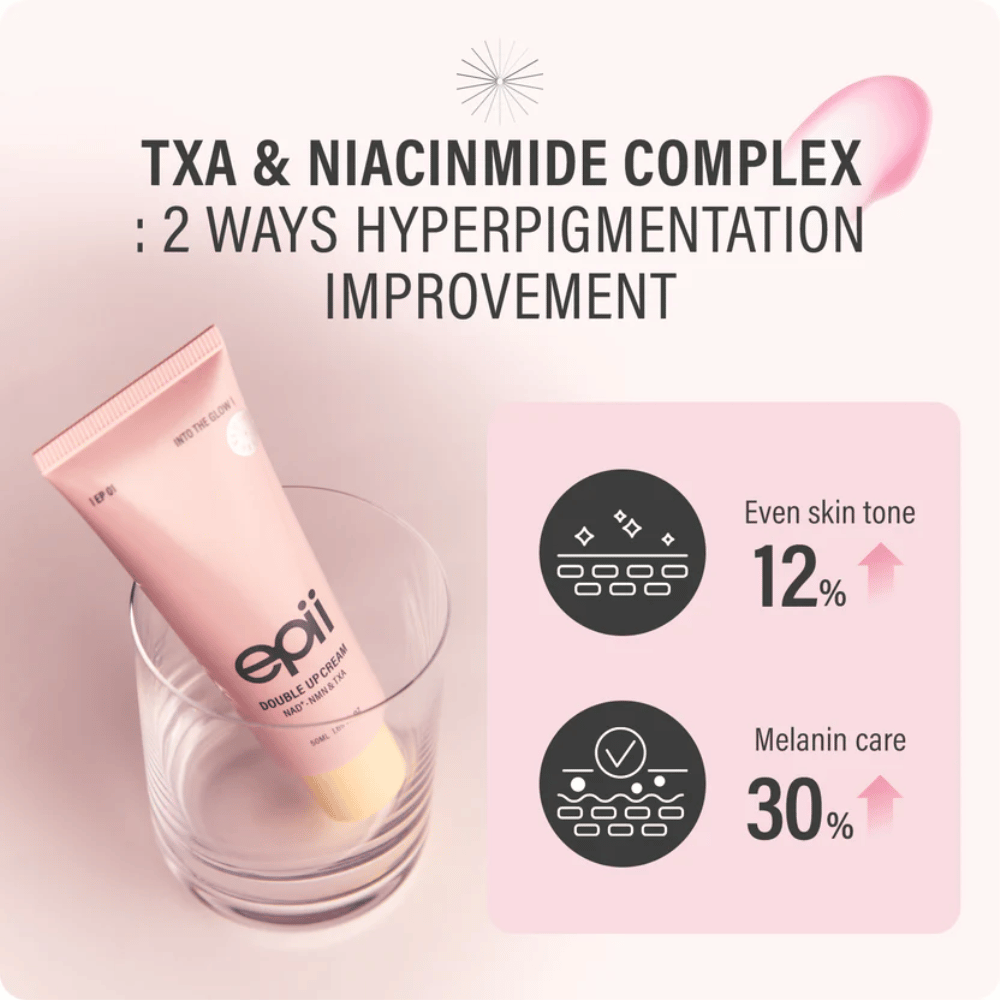 EPII Double Up Cream mit NAD+, NMN, Tranexamsäure und Niacinamid, die dabei hilft, den Hautton auszugleichen und sichtbare Pigmentierung zu reduzieren.