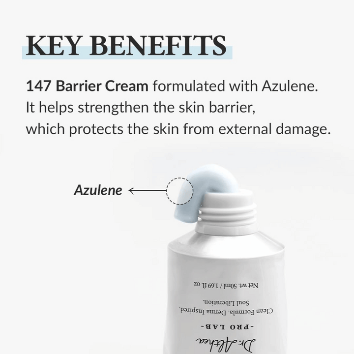 Dr. Althea 147 Barrier Cream med Azulene, en fuktgivande kräm som stärker hudbarriären och skyddar huden mot yttre skador.
