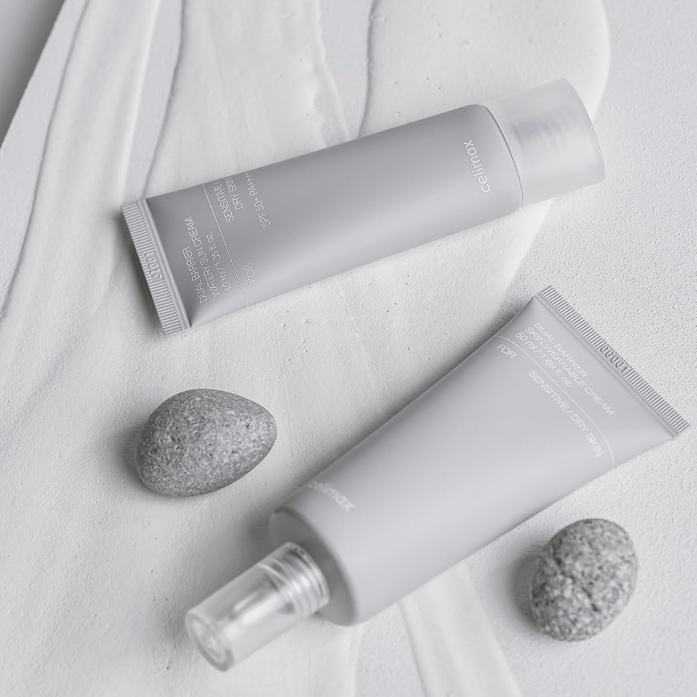 Celimax Dual Barrier Watery Sun Cream SPF50+ PA++++ für trockene und empfindliche Haut mit feuchtigkeitsspendendem Sonnenschutz und stärkender Barrierepflege.