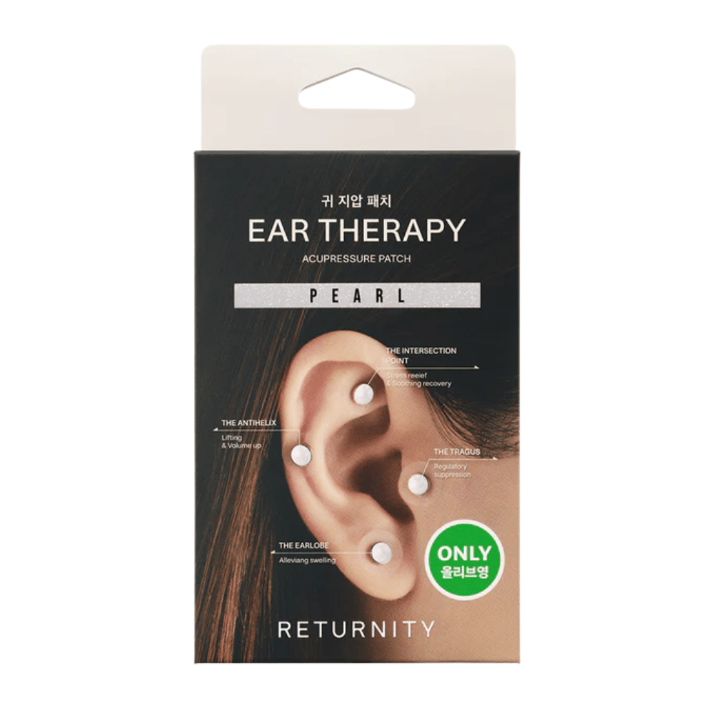 Verpackung von RETURNITY Ear Therapy Acupressure Patch Pearl mit Illustration von Ohr-Patches, die auf verschiedenen Druckpunkten am Ohr platziert sind.