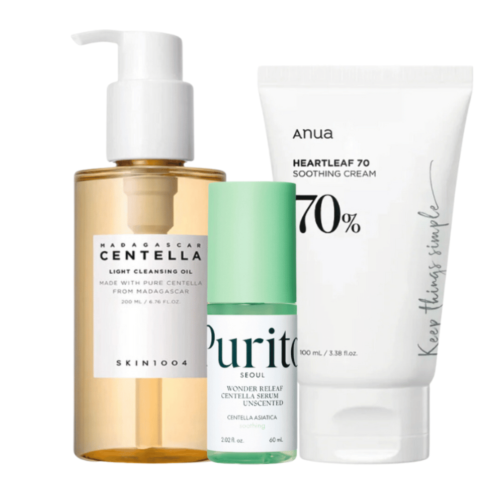 Dieses Hautpflegeset enthält drei Schritte für eine strahlende Haut: SKIN1004 Madagascar Centella Light Cleansing Oil für eine sanfte Reinigung, Purito Wonder Relief Centella Serum für Feuchtigkeit und Anua Heartleaf 70 Soothing Cream für beruhigende Pflege. Perfekt für die tägliche Anwendung.