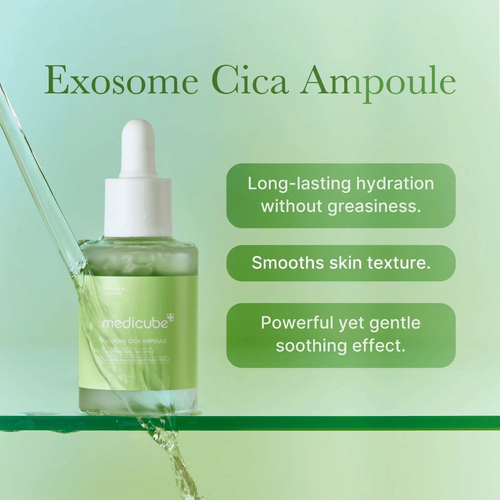 Medicube Exosome Cica Ampoule mit grünem Wasserfluss, hervorgehoben für langanhaltende Feuchtigkeit, gleichmäßigen Hautton und kraftvolle, aber sanfte beruhigende Wirkung.