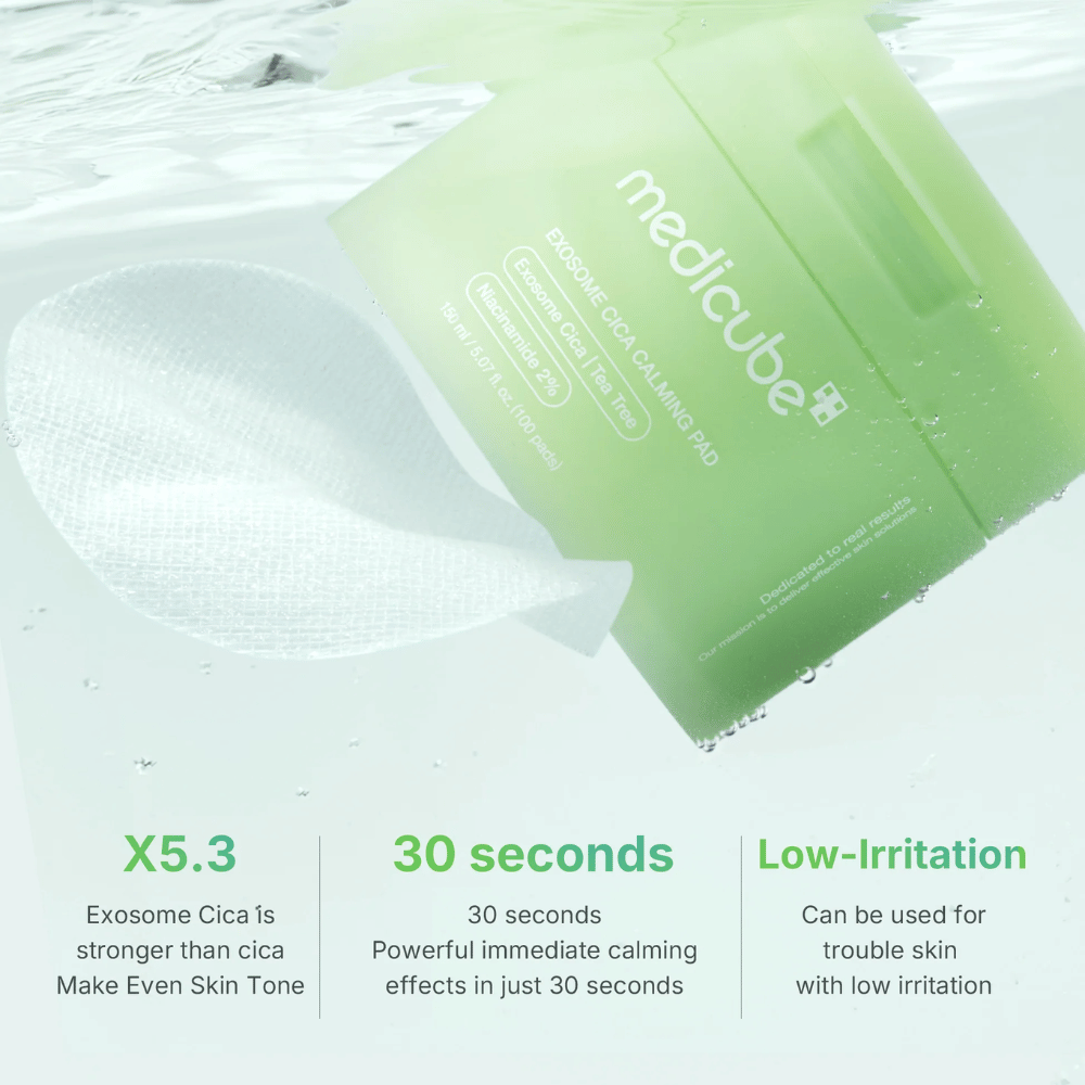 Medicube Exosome Cica Calming Pads unter Wasser, mit Vorteile: 5,3x stärker als Cica, Wirkung in 30 Sekunden, niedrige Reizung.