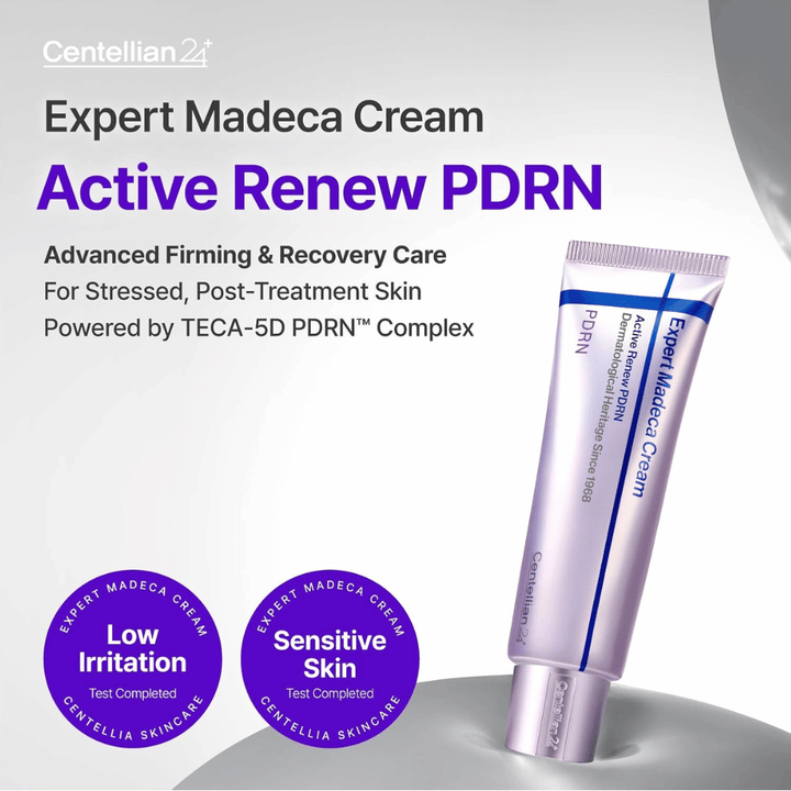 Centellian24 Expert Madeca Cream Active Renew PDRN Produktbild in einer Tube mit geringer Irritation und geeignet für empfindliche Haut mit reparierenden Eigenschaften