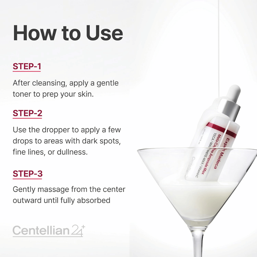 Centellian24 Expert Madeca Mela Capture Ampoule Max – einige Tropfen auf Bereiche mit Pigmentflecken, feinen Linien oder fahler Haut auftragen und sanft einmassieren.