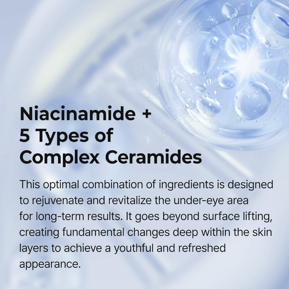 Augencreme mit Niacinamid und Ceramiden, die die Hautbarriere stärken, intensiv Feuchtigkeit spenden und für festere sowie ebenmäßigere Haut rund um die Augen sorgen