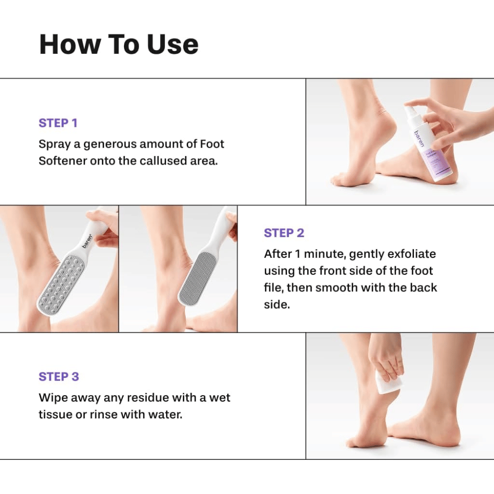 So verwendest du das BAREN Foot Callus Eraser Home Set – Foot Softener auftragen, Hornhaut feilen und die Füße abspülen