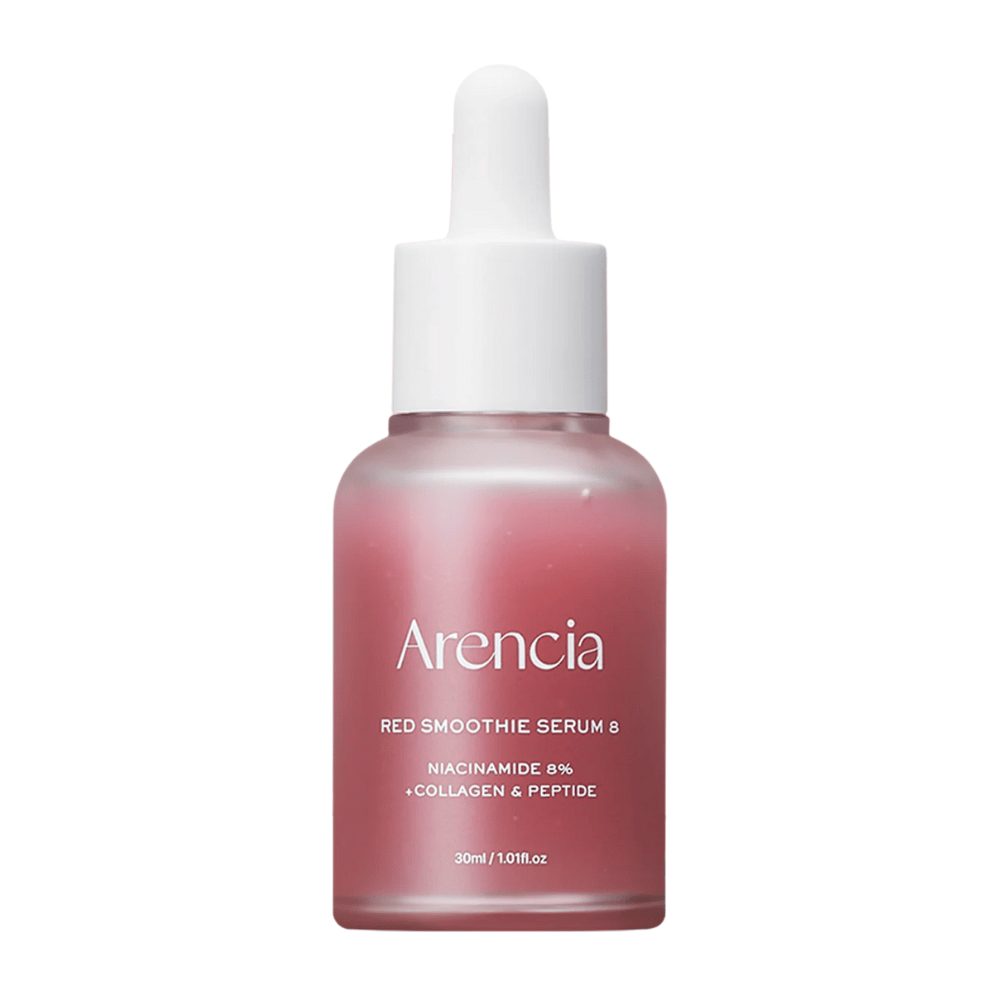 Arencia Red Smoothie Serum 8 in Glasflasche mit Pipette, 30 ml. Ein rosa Serum mit Niacinamid, Kollagen und Peptiden, das die Hautbarriere stärkt und die Spannkraft erhöht.