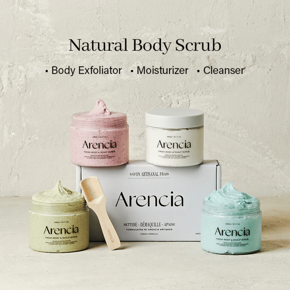 Arencia Fresh Cloud Body & Scalp Scrub in mehreren Varianten zusammen. Natürliches Körper- und Kopfhautpeeling, das die Haut effektiv reinigt, exfoliert und mit Feuchtigkeit versorgt.