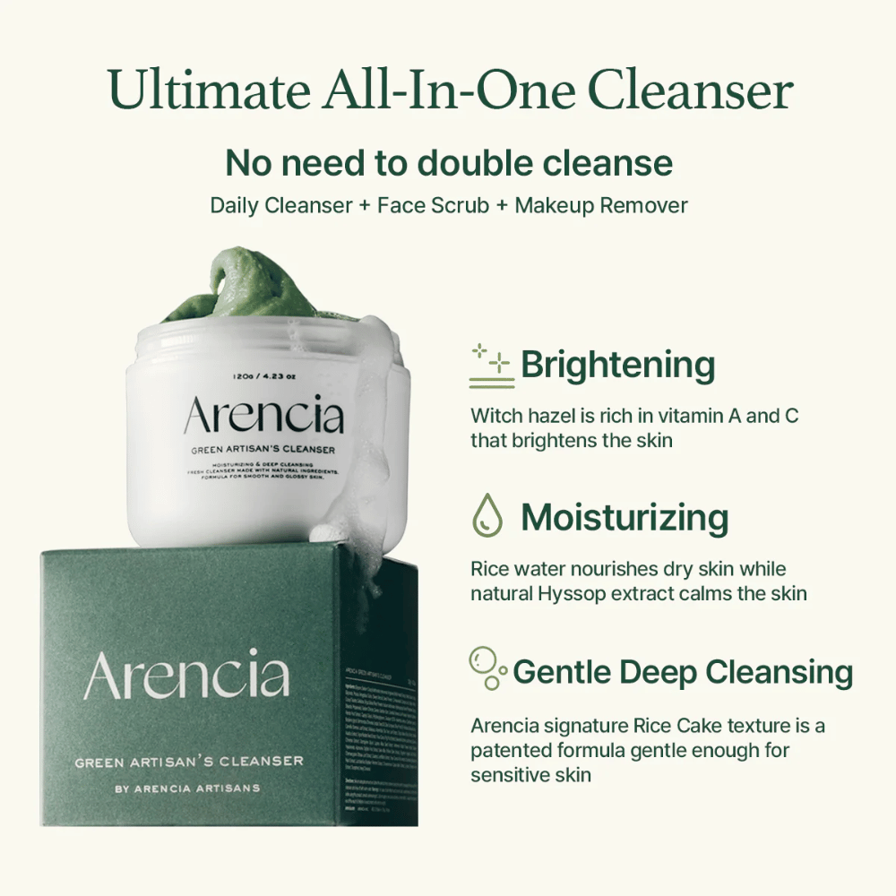 Arencia Green Artisan's Cleanser wird mit Dose und Karton gezeigt. Der Text hebt Vorteile: Brightening (Vitamin A & C), Moisturizing (Reiswasser & Ysop), Gentle Deep Cleansing mit patentierter Reistextur hervor.