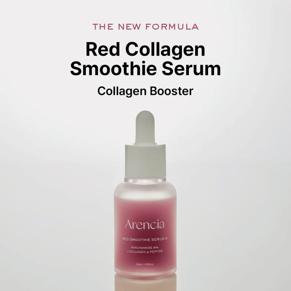 Arencia Red Smoothie Serum 8 wird als "Red Collagen Smoothie Serum" präsentiert, ein kraftvoller Kollagen-Booster mit 8 % Niacinamid, Kollagen und Peptiden.