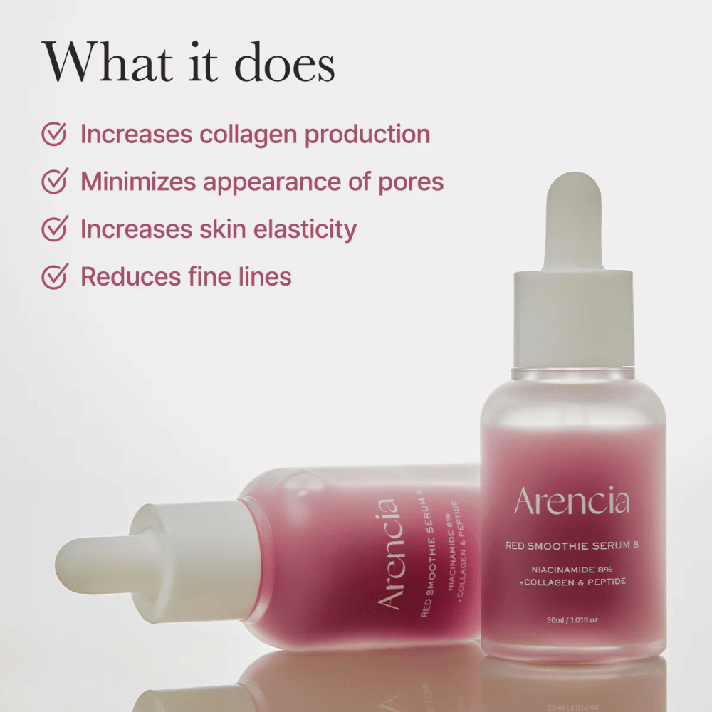 Zwei Flaschen Arencia Red Smoothie Serum 8 werden mit Text über Effekte wie erhöhte Kollagenproduktion, reduzierte Poren, verbesserte Elastizität und reduzierte feine Linien gezeigt.